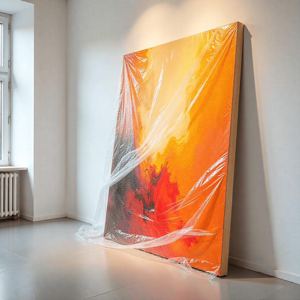 Grand tableau entouré d'une fine couche de papier bulle