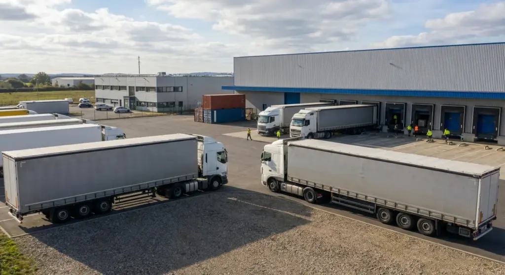 Transporteur Bourges avec camions en cours de chargement sur quai logistique